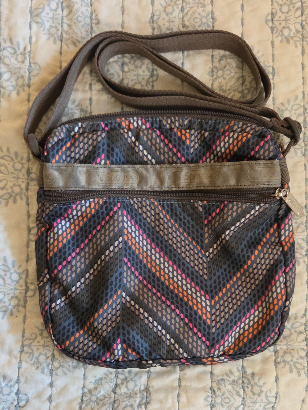 Lesportsac Chevron Crossbody Bag in Black with Pink & Orange Accents